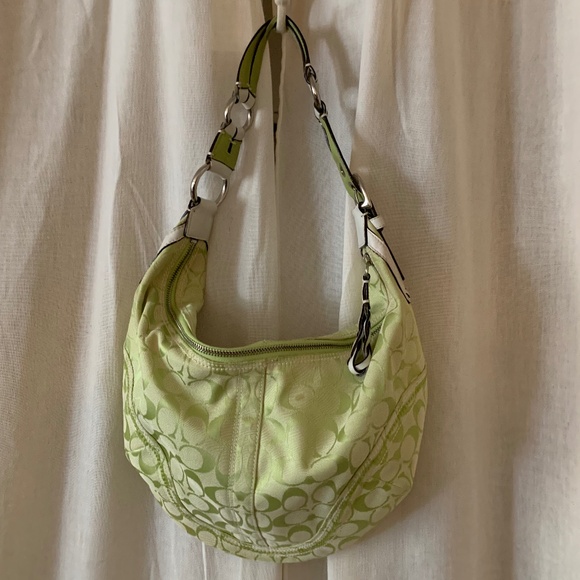 Coach Signature Lime Green Hobo Shoulder Bag White Leather Trim, Silver Hardware - Picture 1 of 9